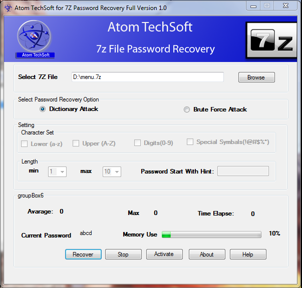 Atom TechSoft 7Z Password Recovery screenshot